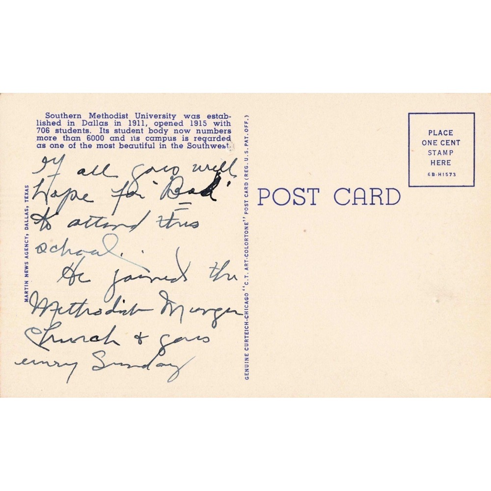 Vintage Southern Methodist University SMU Central Campus Quad Dallas TX Postcard - Picture 2 of 2